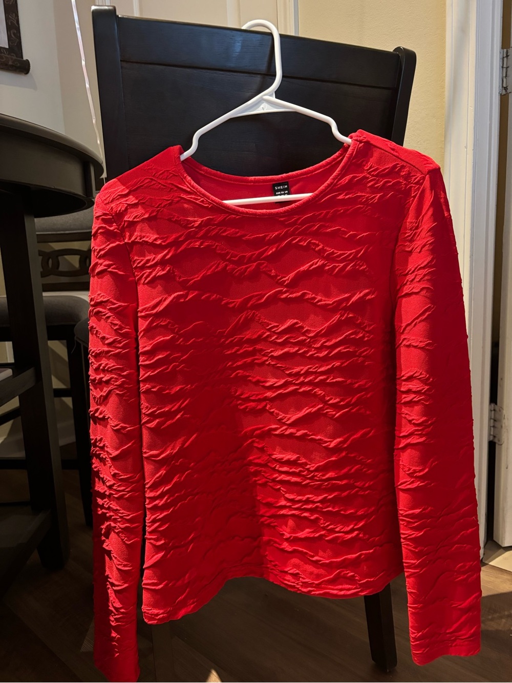 SHEIN Red Ruffle Textured Long Sleeve Top